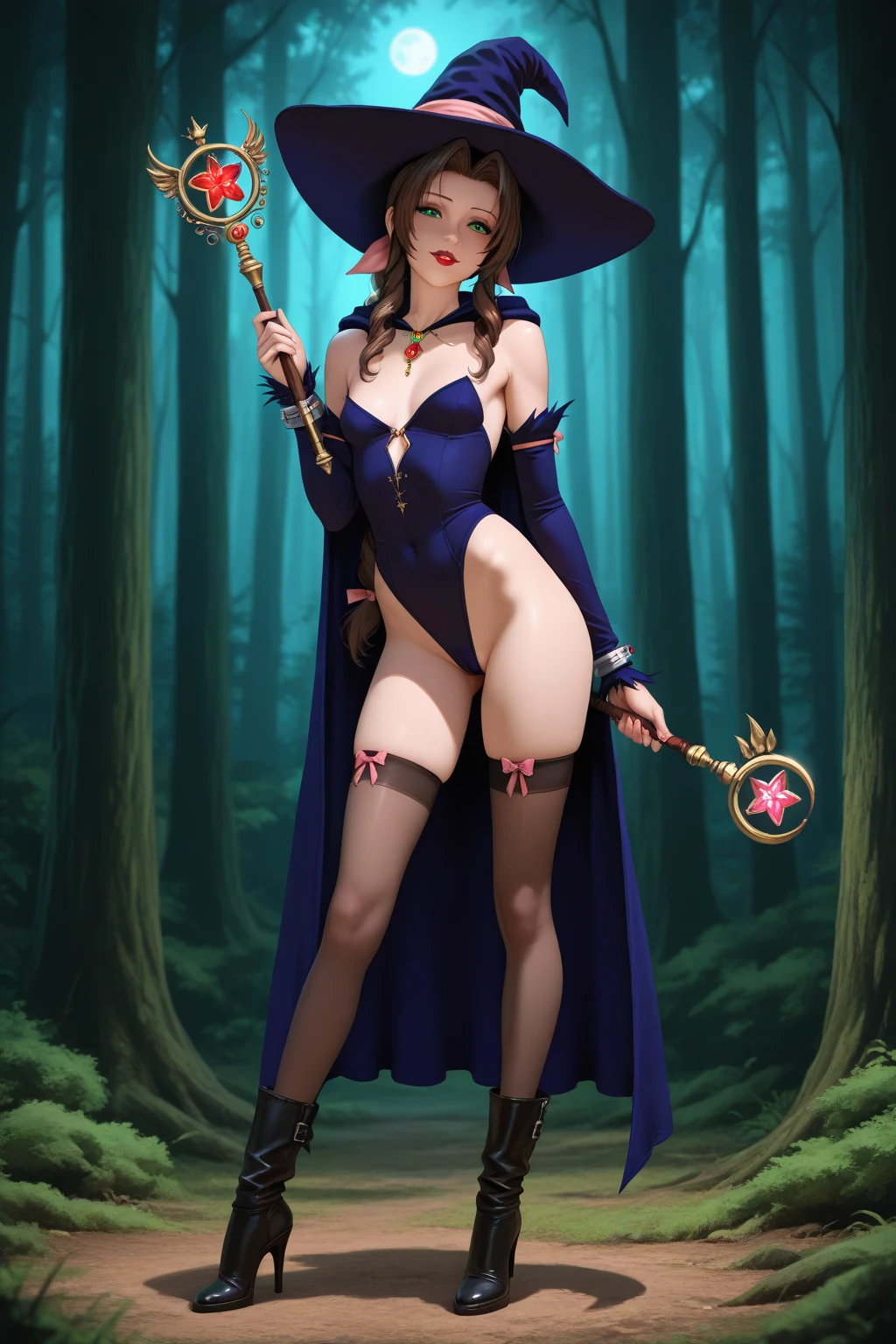 witch, hat, cape, holding wand, brown curly hair