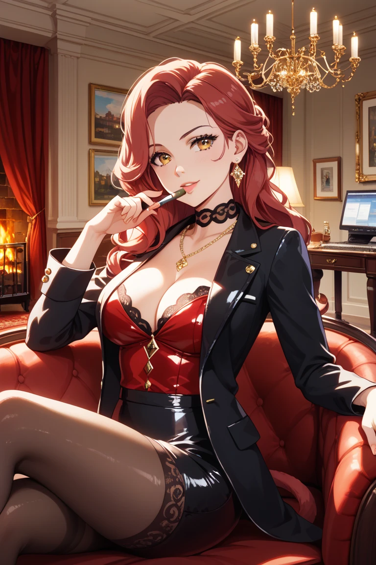 Masterpiece, best quality,
A woman, dressed in a top made of black and red leather (black leggings and a pleated leather skirt), wearing a long, sleek leather jacket, holding a book in one hand and a glass of wine in the other,
Her appearance: black, long curly hair secured in a high ponytail, full-figured, bright hazel eyes, detailed eyes with long lashes, and red lips,
Relaxing in a plush armchair,
The setting: a cozy, dimly lit room with soft lighting, bookshelves lining the walls, and a warm, inviting atmosphere.