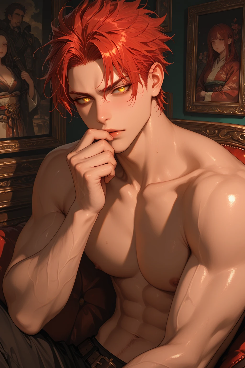 (hyper-realistic digital illustration), (perfect face:1.1), (high detail:1.1) one extremely handsome male elf (naked torso) wearing micro orange g-string, mage long red cloak, clean shaved, front view, lying on his back, holding legs raised, athletic body, (white skin), bare chest, flat chest,(long orange hair scruffy ), serene expression, small waist, muscular. best quality, high-resolution