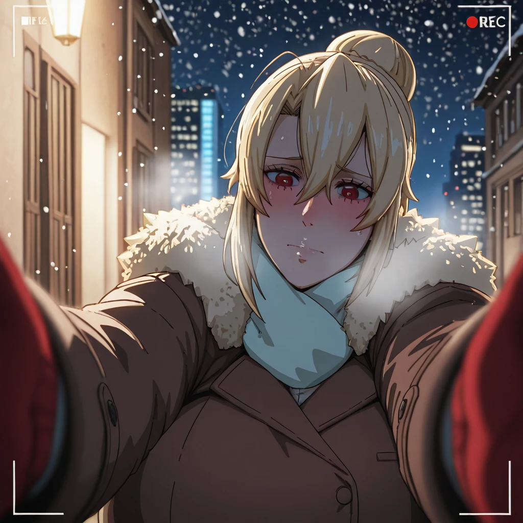 3x4b1t3, (puuzaki_puuna(punopupupu)-style), (Mark_Gavatino-style:1.2), ((anatomical correct)), ((Cinematic, unreal engine, eye-catching, ambient occlusion, UHD, masterpiece)), ((perfect lighting)), perfect body, perfect eyes, perfect fingers, gasping, heavy breathing, gasping profusely, (()), ((curvy)), sysdeep_angelica, blond hair, red eyes, short hair, hair bun, hair between eyes, , (voluptuous:1.5), (mature female:1.5), 1girl, blush, scarf, looking_at_viewer, breath, solo, coat, night, embarrassed, fur_trim, snowing, winter_clothes, fur-trimmed_coat, outdoors, pov, jacket, city, cold, motion blur, viewfinder, embers,