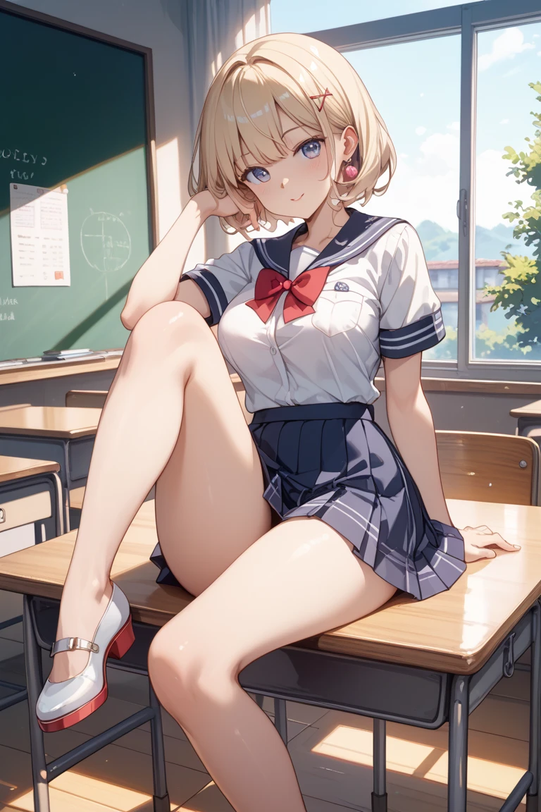 ((Highest quality)), ((masterpiece)), (detailed), Anatomically correct body shape、correct leg position、correct hand position、high school girl、White blouse、Navy Blue Skirt、Blue Eye、Blonde Bob Cut、Small breasts、Big ass