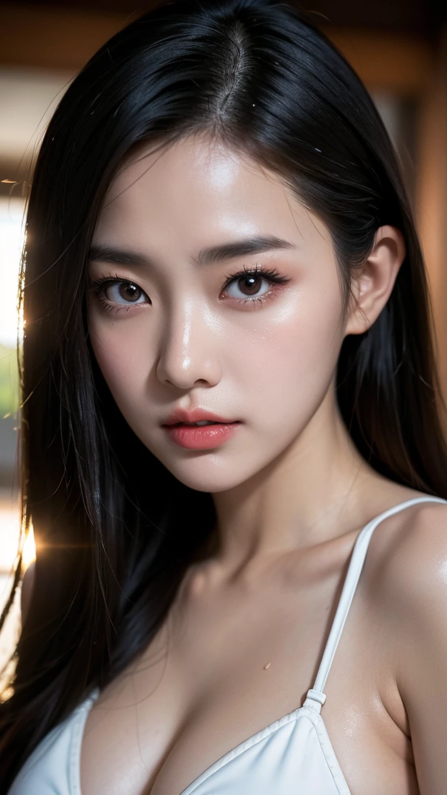 ((Surreal、Super detailed image, maybe a photo.,Captures the details of the skin texture of an incredibly beautiful woman.))Wearing a sheer black lace bra,long black hair。biting the lower lip in a sensual and daring way.