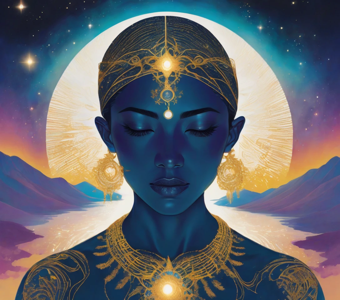 a godhead, mystical, divine, ethereal, spiritual, transcendent, otherworldly being, glowing with inner light, emanating power and wisdom, floating in a swirling cosmic mist, surrounded by glowing orbs and shimmering energy fields, abstract sacred geometry, intricate fractal patterns, luminous aura, deep purple and indigo tones, dramatic chiaroscuro lighting, cinematic composition, (best quality, 8k, highres, masterpiece:1.2), ultra-detailed, photorealistic, dramatic, cinematic