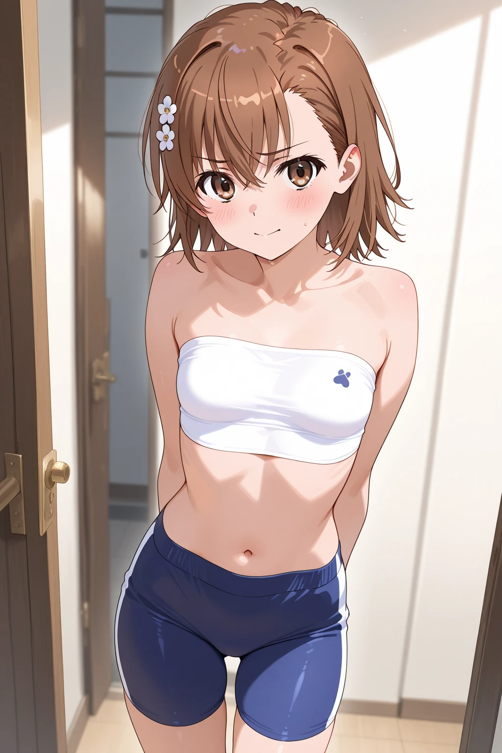 Highest quality,masterpiece,12 years old,smile,indoor,School,corridor,squat, Outdoor, Upper Body, 顔 focus,Brown Hair, short hair, ponytail,Yellow hair fastening, blue eyes, Flat Chest,((Lori)),Muddy,Breast flash,Panty shot