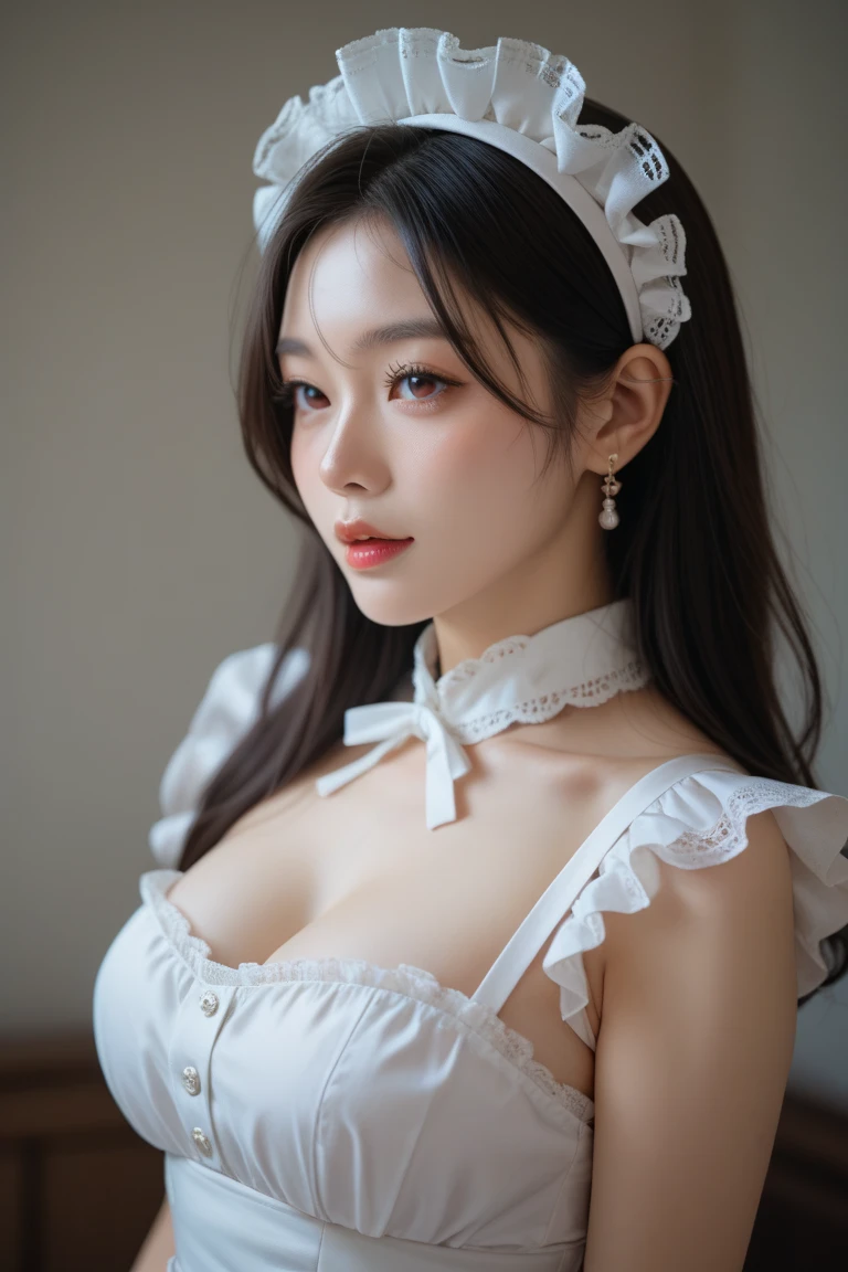 best quality, ultra high res, (photorealistic:1.4), portrait, 1 girl, (ulzzang-6500:1.0), (detailedmaid crothes:1.4), detailed shiny skin,  intricate earrings,Rimless glasses