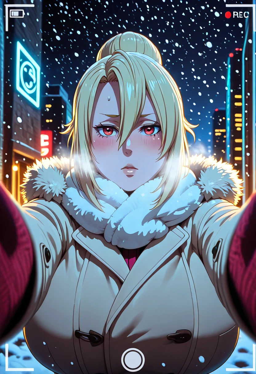 (jam-orbital-style:1.2), (zonda_(solid_air)-style:1.2),, ((anatomical correct)), ((Cinematic, unreal engine, eye-catching, ambient occlusion, UHD, masterpiece)), ((perfect lighting)), perfect body, perfect eyes, perfect fingers, gasping, heavy breathing, gasping profusely, ((skindentation)), ((curvy)), sysdeep_angelica, blond hair, red eyes, short hair, hair bun, hair between eyes, large breasts, (voluptuous:1.5), (mature female:1.5), 1girl, blush, scarf, looking_at_viewer, breath, solo, coat, night, embarrassed, fur_trim, snowing, winter_clothes, fur-trimmed_coat, outdoors, pov, jacket, city, cold, motion blur, viewfinder, embers,