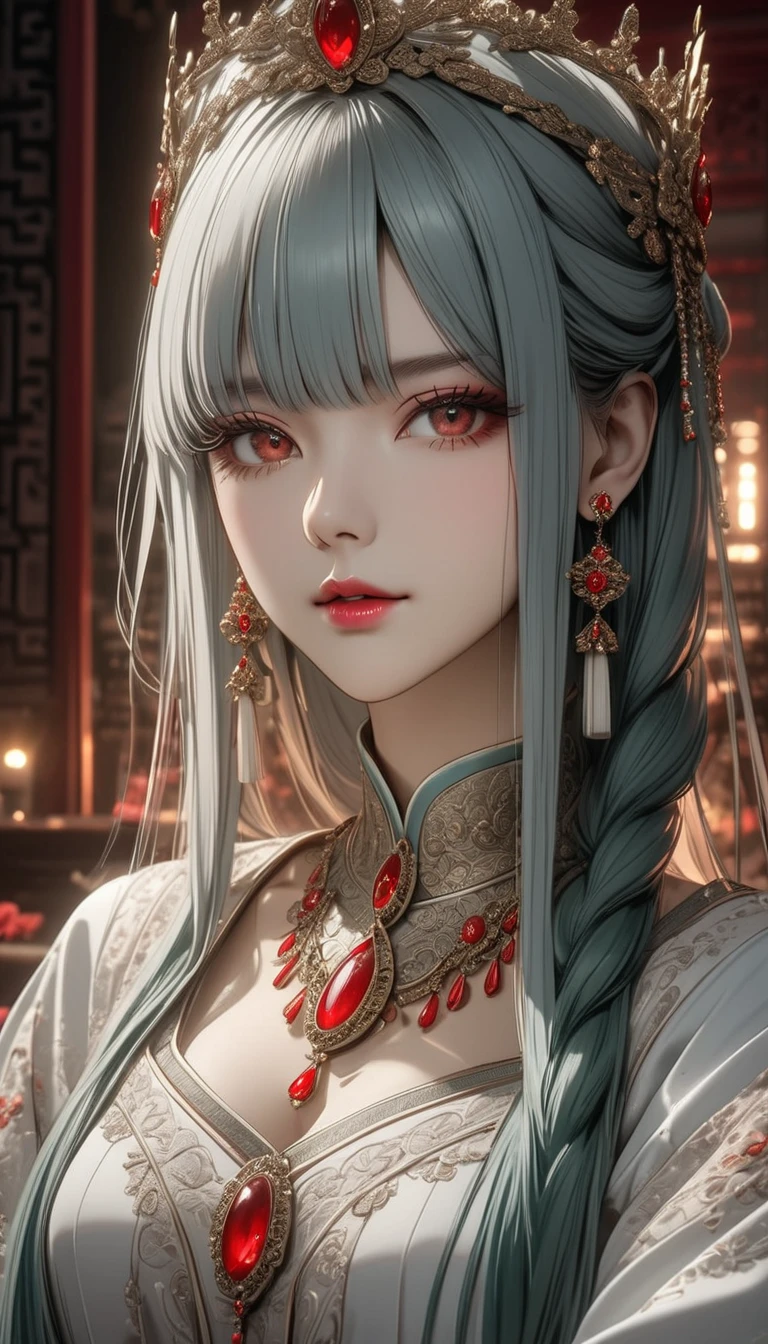 intricate details, (latex skin: 1.1) and (perfectly shiny skin: 1.2) and (damp skin: 1.1), (very detailed face), (masterpiece, realistic: 1.3), (extremely complex: 1. 2)>, intricate and fine details, (sculptural skin texture: 1.1) and (shiny shiny skin: 1.2) and (slightly damp skin: 1.1),
A charming and mysterious woman. She wears a long crimson dress with flowing fringed sleeves and hair braided into an intricate bun. She holds a dagger inlaid with precious stones, and her eyes are deep and determined. In the background is a dark forest, giving a sense of this woman's power and mystery.