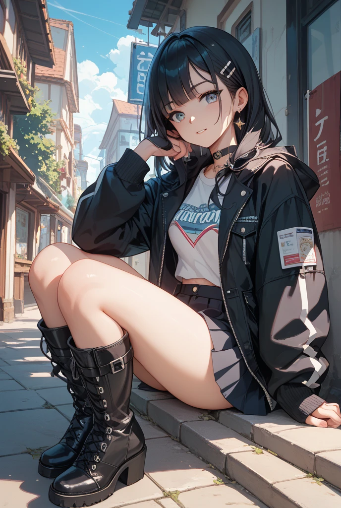 ((Mejor calidad)), ((obra maestra)), (detallado), cara perfecta, manos perfecta, 1 mujer madura, cabello corto azul, chaqueta morado, sitting showing her heels