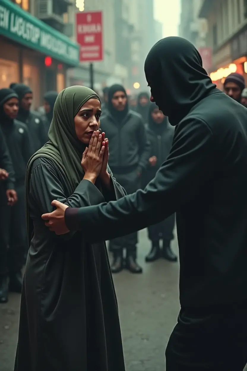 Show a Malay female kneeling down. Scared. Wearing hijab, skintight tee and leggings. Surrounded by many men smiling.