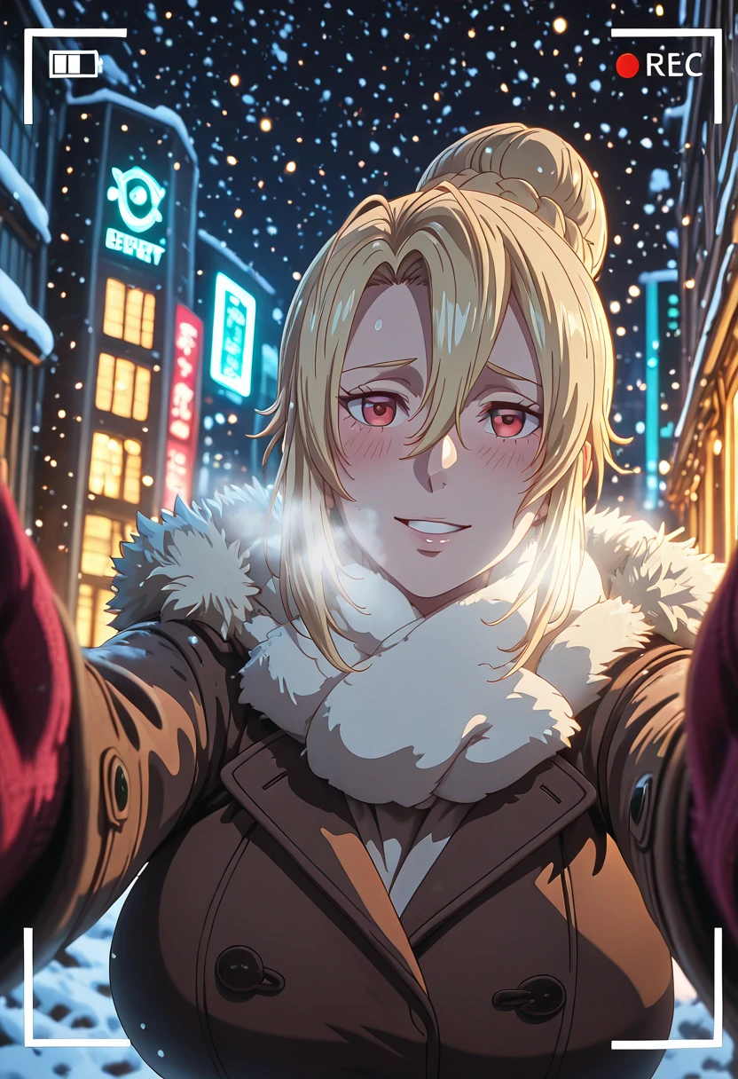 , ((anatomical correct)), ((Cinematic, unreal engine, eye-catching, ambient occlusion, UHD, masterpiece)), ((perfect lighting)), perfect body, perfect eyes, perfect fingers, gasping, heavy breathing, gasping profusely, ((skindentation)), ((curvy)), sysdeep_angelica, blond hair, red eyes, short hair, hair bun, hair between eyes, large breasts, (voluptuous:1.5), (mature female:1.5), 1girl, blush, scarf, looking_at_viewer, breath, solo, coat, night, embarrassed, fur_trim, snowing, winter_clothes, fur-trimmed_coat, outdoors, pov, jacket, city, cold, motion blur, viewfinder, embers, smile, blushes face, parted lips