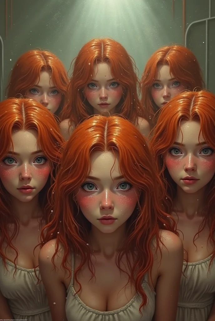 Red-haired twin sisters and a blonde girl in the middle, feeling confused.