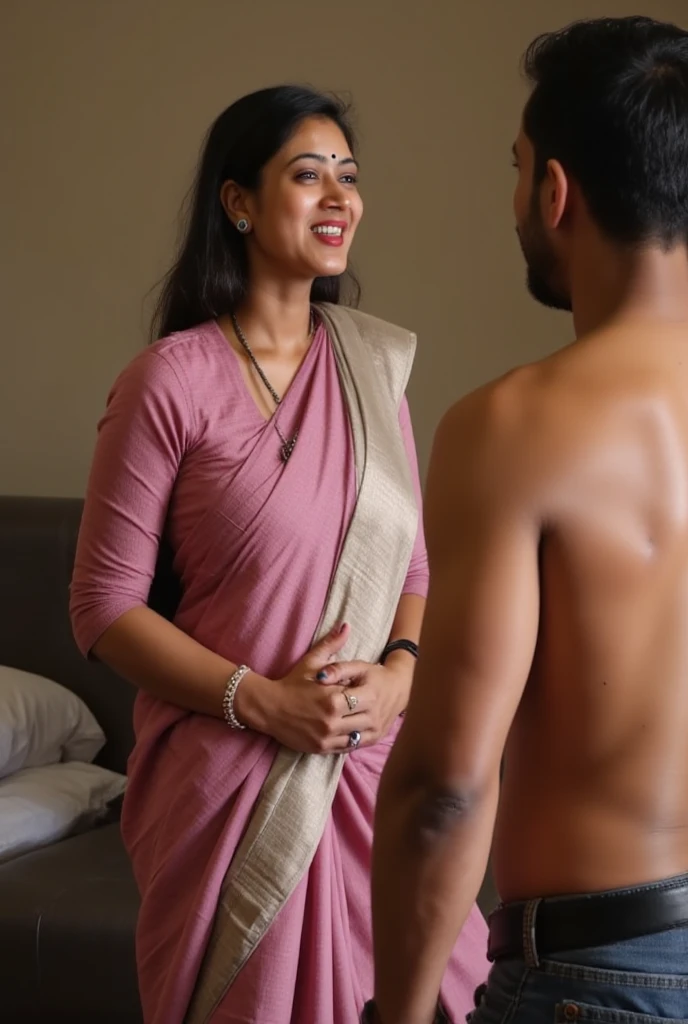 extreme close up photo of sexy mahie gill showing breasts to viewer from top view, swooping breasts, deep cleavage, look at viewer and subtle smile, seductive eyes, sultry, blue lace salwar, ponytail, 38 yo, HD, 4k, ultra high quality, (cinematic:1.3), intricate details, (ArtStation:1.2)