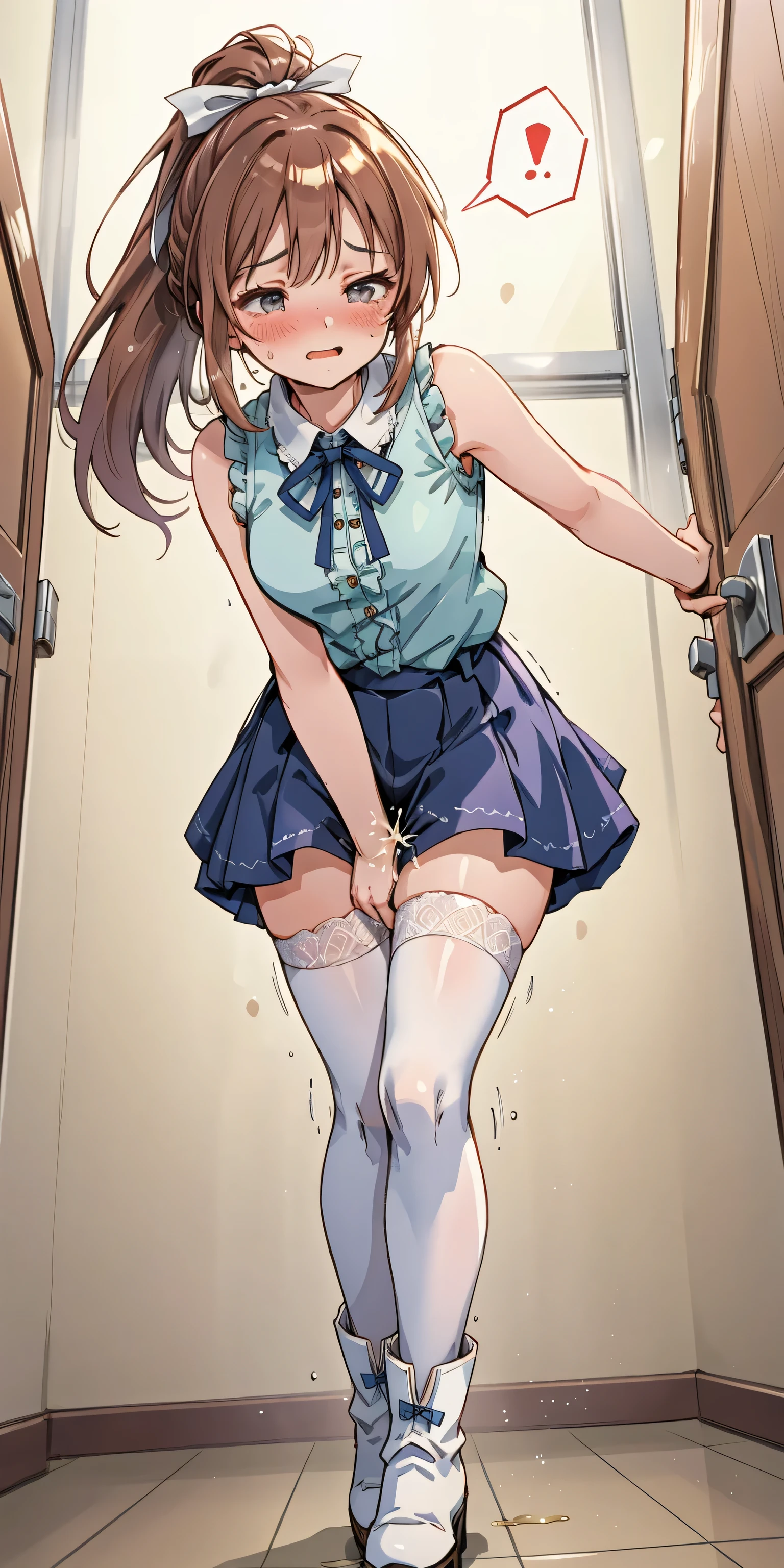 (ultra-detailed, best quality, anatomically perfect body), full body, (small breast:1.3), shiny skin, (Various girls), girls from 15 to 25 years old, bladder full tank, (have to pee:1.1), (urge to pee:1.3), (only one person peeing self:1.5), Pee flowing in the thighs, (very desperate to pee:1.2), (takes to the restroom entrance), waiting for restroom with line of girls in queue, standing, (Each one has a different long LBD:1.4), (Each one has a different boots:1.1), (Each one has a different hair), (knees together and feet apart:1.3), (Rub each other's thighs:1.3), (leaning forward:1.1), one hand between legs, (skirt lift:1.2), (holding the crotch:1.5), (stroking own abdomen:0.9), (stroking one's own thighs:1.5), (blush:1.4), (embarrassment1.5), (impatience:1.8), (flustered:1.4), (fidgeting around:1.2), (flowing sweat), (erotic body twist:1.5), (panting:1.4), (breathless:1.3), (closed eye), parted lips, (ecstasy), (refreshing:1.3), looking away, (crisis:1.2), (from below), (from side:1.2), panties, foot stomp,