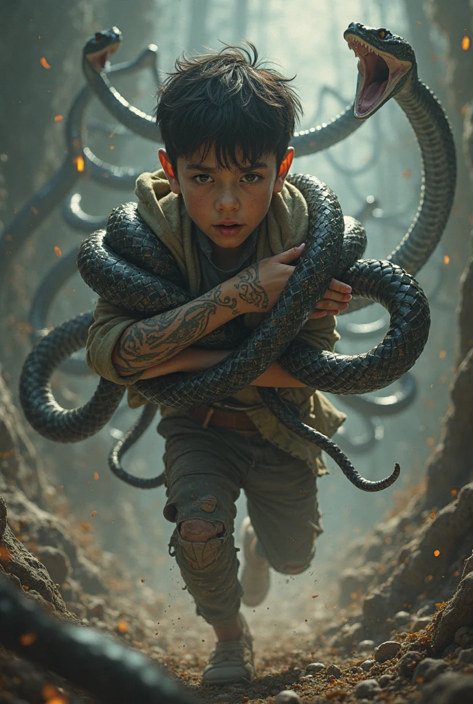 A giant scorpion the size of five small,With an impressive fluorescent blue. Moonlit cave. A boy in a tunic hides behind a rock and looks at a scorpion.
