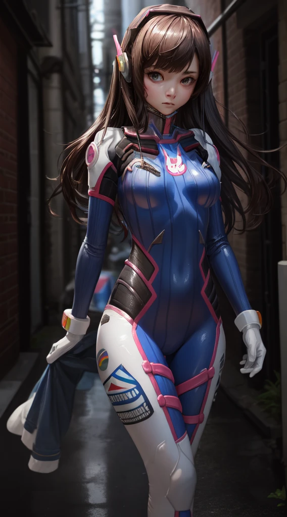 DVA from Overwatch without her mech, a woman with short brown hair in a ponytail,she stands in Busan Korea, high quality refelctions, volumetric lighting, she is wearing her classic thin tight figure hugging stretchy pink white and blue full bodysuit, soft simple plain sport bodysuit, the bodysuits is like a yoga outfit, she stands on the street, (1 girl solo), cinematic lighting, high resolution, physically-based rendering, 8k, volumetric lighting, hyperrealistic, detailed facial features, masterpiece, full upper body, city in background, cinematic,she has very small breasts, flat breasts , the focus is on her whole body and the environment, cinematic screenshot, you can see the whole environment and her standing on the street, the picture has a very soft look at soft textures, cute smile, her arms are on her side, DVA is posing and does a peace symbol with her fingers, woman body, no bra, 1 person, 1 head, Overwatch cinematic graphic style