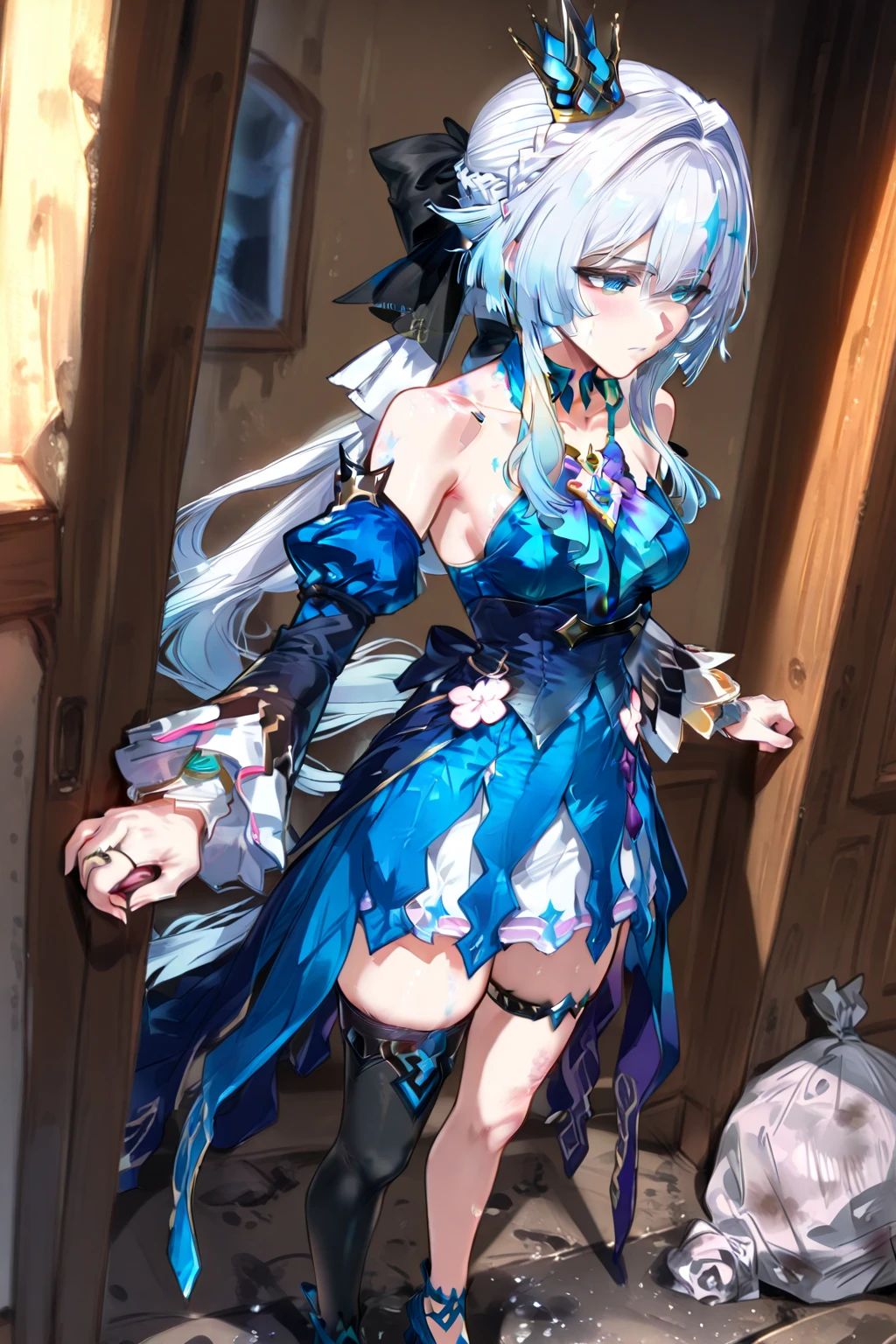 (masterpiece), best quality, expressive eyes, perfect face,euladef,(((1 girl))),((intricate evening dress:1.5)),(huge breasts:1.5),(hair flower),outdoors,hand on own chest,thighigh boots,light blue hair,cleavage,looking at viewer,smiles, eyeshadows, eye liner,glistening eyes, hyper detailed eyes, intricate eyes, beautiful eye, ((glowing purple pupils))、smilling face,standing,seductive pose,garterbelt,snow castle,aurora borealis,cowboy shot,snowy background,posing for the camera,fighting stance,dynamic angle