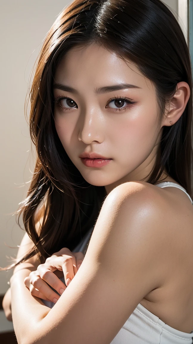 (Enhances the beauty of skin texture:1.1), highest quality、masterpiece, ultra high resolution、(Photoreal:1.4)、RAW photo、1 girl、shiny skin, wet body, dramatic lighting, RAW photo, table top:1.3, Super high resolution:1.0, sharp focus:1.2, beautiful woman with perfect figure:1.4, thin abs:1.2, wet body:1.5, Highly detailed face and skin texture, fine eyes, double eyelid, perfect facial balance, Clean system, smile, Soft light in a beautiful studio, rim light, vivid details, surreal, fine and beautiful skin, realistic skin, rubber suit, beautiful face, Beautiful woman, high solution face, Soft texture, nude, close up of face, glorious skin, face of glory, crazy high resolution, oily skin, oily face