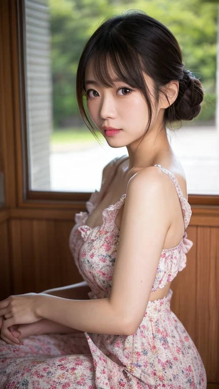 ((whole body from thighs:1.5)), ((Photorealism)),
((highest quality, 8k, masterpiece: 1.3)), Perfect body beauty: 1.4, (Breast A cup:1.2), Small breasts, Round shaped breasts, Perfectly shaped breasts, Highly detailed face, Beautiful woman, (Dark brown shortcuts), Slim face, Highly detailed face and skin texture, Highly detailed lips, Spread your legs, highest quality, masterpiece, 超A high resolution, (Realistic:1.4),
((18-year-old, Beautiful female college student)),
((Floral tiered dress, shoulder:1.5)),
((Cute Earrings, Silver Necklace)),
((Factory Piping, Milk spills on the floor, Dimly lit room at night:1.5)),
((Sitting on the floor, I can see your beautiful thighs:1.5)),
((Sexy atmosphere, Gaze seducing a man, hold out your lips, A sigh escapes:1.2)),
((Lift your face a little)),
((Squint your eyes)),
((purse your lips:1.2)),
((Blushing:1.2)),
((Open your mouth a little to show your white teeth)),
((Body facing forward)),
((Breast enlargement, Beautiful breasts)),
Narrow shoulders, Beautiful clavicle, Long, slender legs,
The beauty of slim abs, Thin waist,
Ultra-detailed skin, Glossy Skin, Ultra detailed face,
Ultra-detailed eyes, Slit eyes, Brown eyes, double eyelid, Beautiful thin eyebrows, Thin, long eyelashes,
Ultra-detailed lips, Fuller lips, Glossy pink lips, Flushed Cheeks, White teeth,
Beautiful actress's languid make-up, Pink lipstick, Smoky eyeshadow, Eye foundation,
Dark brown hair, Delicate and soft hair, Hair blowing in the wind,
(Elegantly putting your hair up, short hair, ponytail:1.5), Layered Cut, (Blunt bangs:1.2),