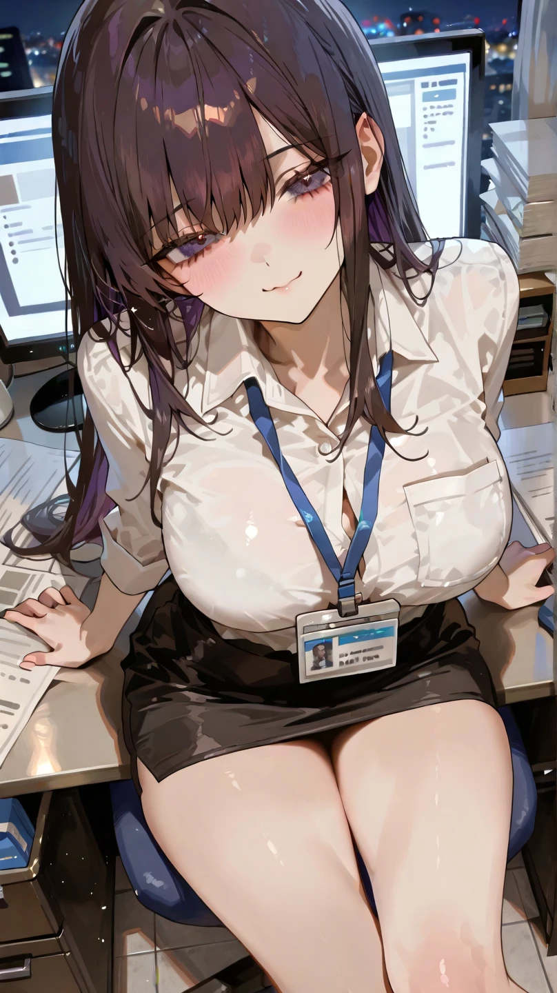 One Girl, alone, ((White shirt)), Black knee socks, With pride, Cleavage,Black panties,Show off your panties to your audience,Spread your legs wide,脚をSpread your legs,I can see your pants,Spread your legs and show me your panties,Her shirt was turned up、Bra is visible,Spread your legs,Black bra,Big Ass,Big Breasts,Low - Angle,Chair下からのアングル, Cowboy Shot,uniform, officeの背景, Black Skirt, Pleated skirt, Very short skirt,pantyhose,office,E Cup, Look at the viewers, alone, Thighs ((masterpiece)), sit, Chair, desk work, Computer on the desk, Name tag, ID Day, in house, blush, Sexy pose、Standing back
