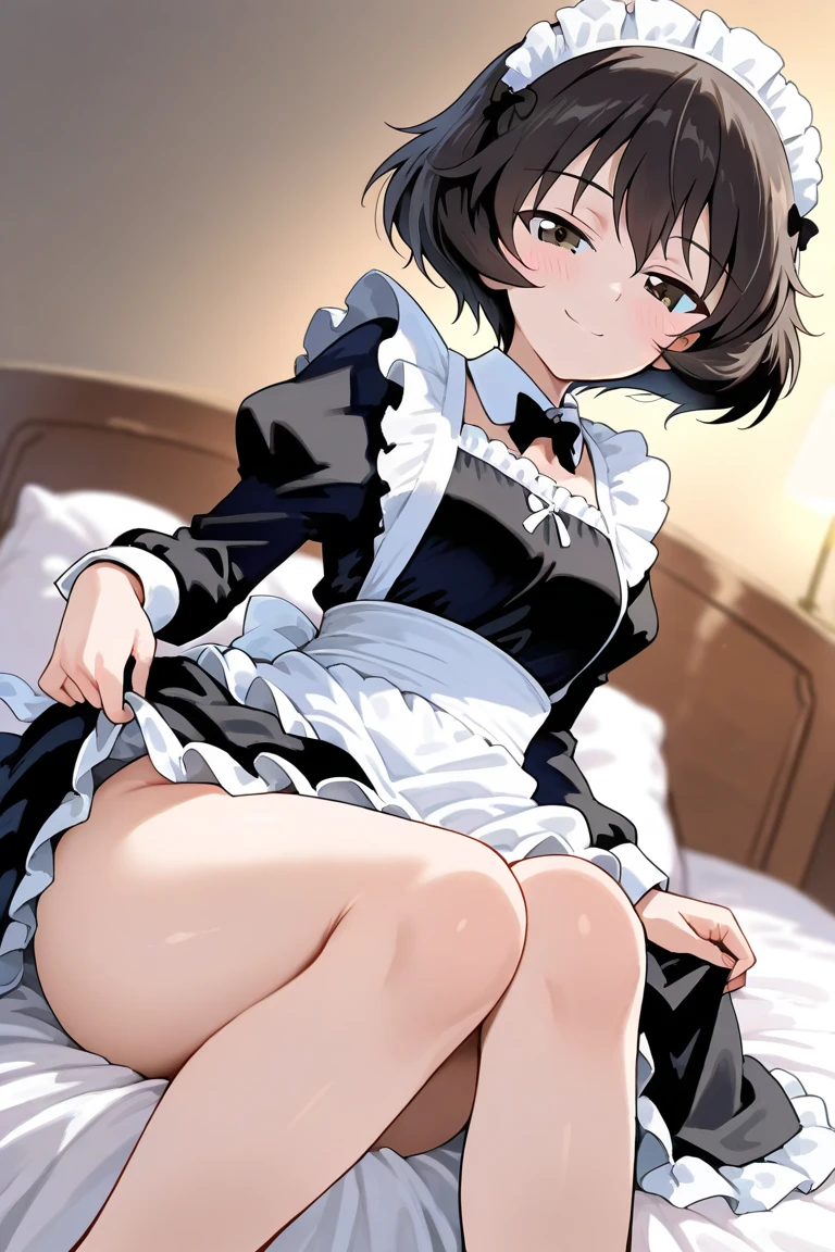 maid femboy short black hair on the bed while shaking his penis with his own hand alone