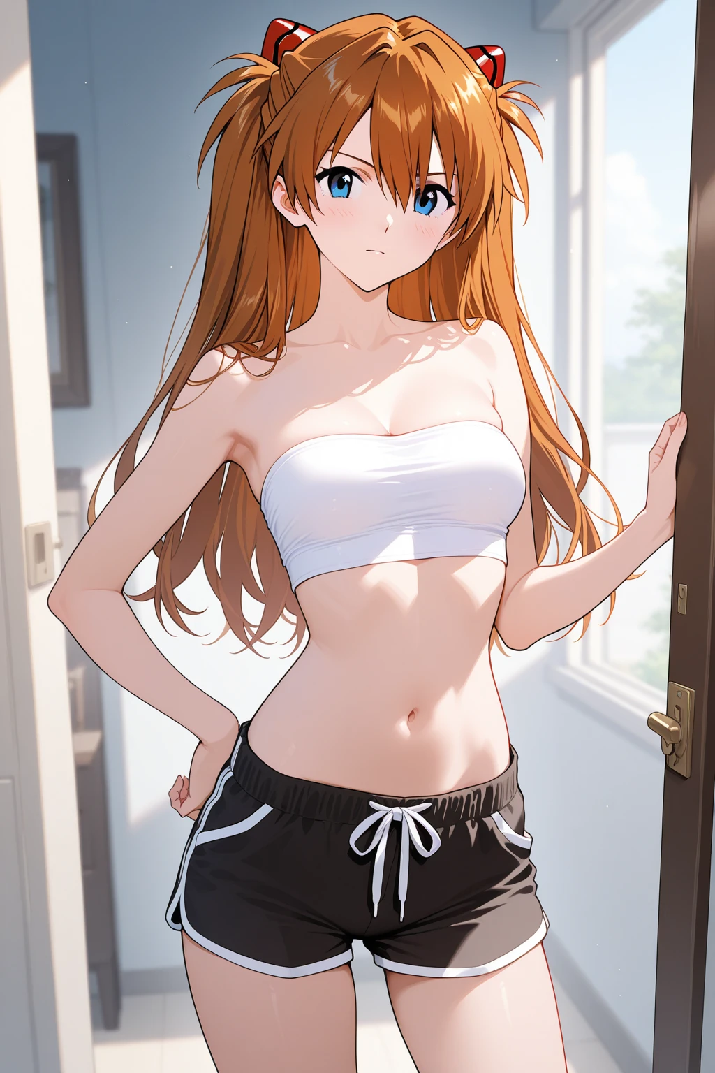 laying down on bed ,hand down pants ,lots of wet pee dripping wet , very shocked face , big eyes ,natural hanging big  sagging , on bed closeup on cameltoe vag , peeing pee cum 1girl in, Yuuki Asuna, Brown hair, Brown eyes, medium breasts, Long hair, braid , black tank top , tight t shirt ,braid ,no gloss matt black shorts cute cameltoe Ultra High Quality looking very shy , touching own squeezing peeing pee cameltoe big big blog in pants , best_quality:1.0), ultra high res,4K,ultra-detailed, photography, 8K, HDR, highres, absurdres:1.2, Kodak portra 400, closeup on cameltoe