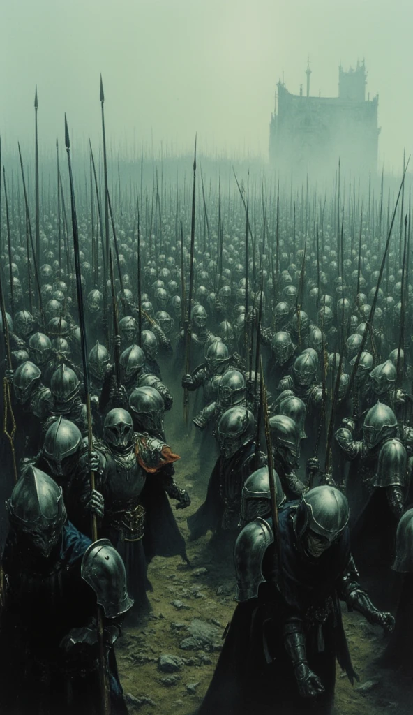 arafed image of a large group of men in armor, still from lord of the rings, cgsociety award, anamorphic cinematography, fear and anger in their eyes, pitchblack sky, by Edmund F. Ward, rivendell, wielding a long halberd, the great wall, trench crusade, dreads, journalistic photograph, parallax »