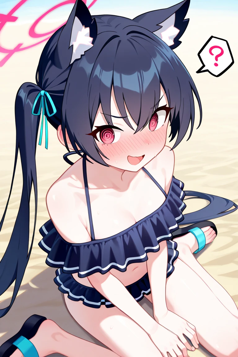 <lora:onihors:1>, oni horns, oni, horns, 1girl, adjusting clothes, adjusting hood, armpits, arms up, bangs, bare shoulders, beach, black hair, black legwear, blue eyes, blue swimsuit, blush, breasts, cleavage, collarbone, competition school swimsuit, covered navel, cowboy shot, eyebrows visible through hair, gradient, grin, hair between eyes, highres, hips, hood, hooded jacket, jacket, legs together, long hair, looking at viewer, messy hair, ocean, off shoulder, one-piece swimsuit, open clothes, open jacket, outdoors, pantyhose, pantyhose under swimsuit, pocket, raised eyebrow, school swimsuit, sidelocks, small breasts, smile, solo, standing, straight hair, swimsuit, teeth, thighband pantyhose, water, white jacket