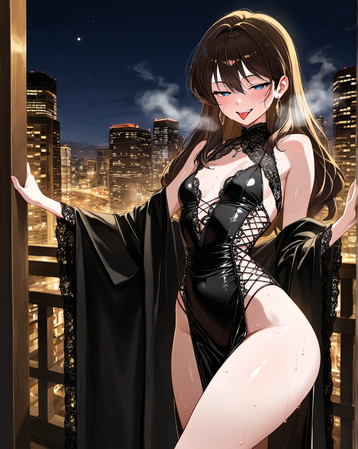 (microdress), (golden), (bodycon), blush, eyeslashes, beautiful eyes, cleavage, navel, fishnet stockings, (face focus), evil smile, handbag, purple_lips, make up, masterpiece, high qulity, nagatoro hayase, brown eyes, black hair, bangs, long hair, dark skin, hairclip, jewelry, hoop earrings, gloves, large breasts, elbow groves, solo, looking at viewer, 1girl, high quality, highres, absurdres, hd,cg, 8k, night sky, city