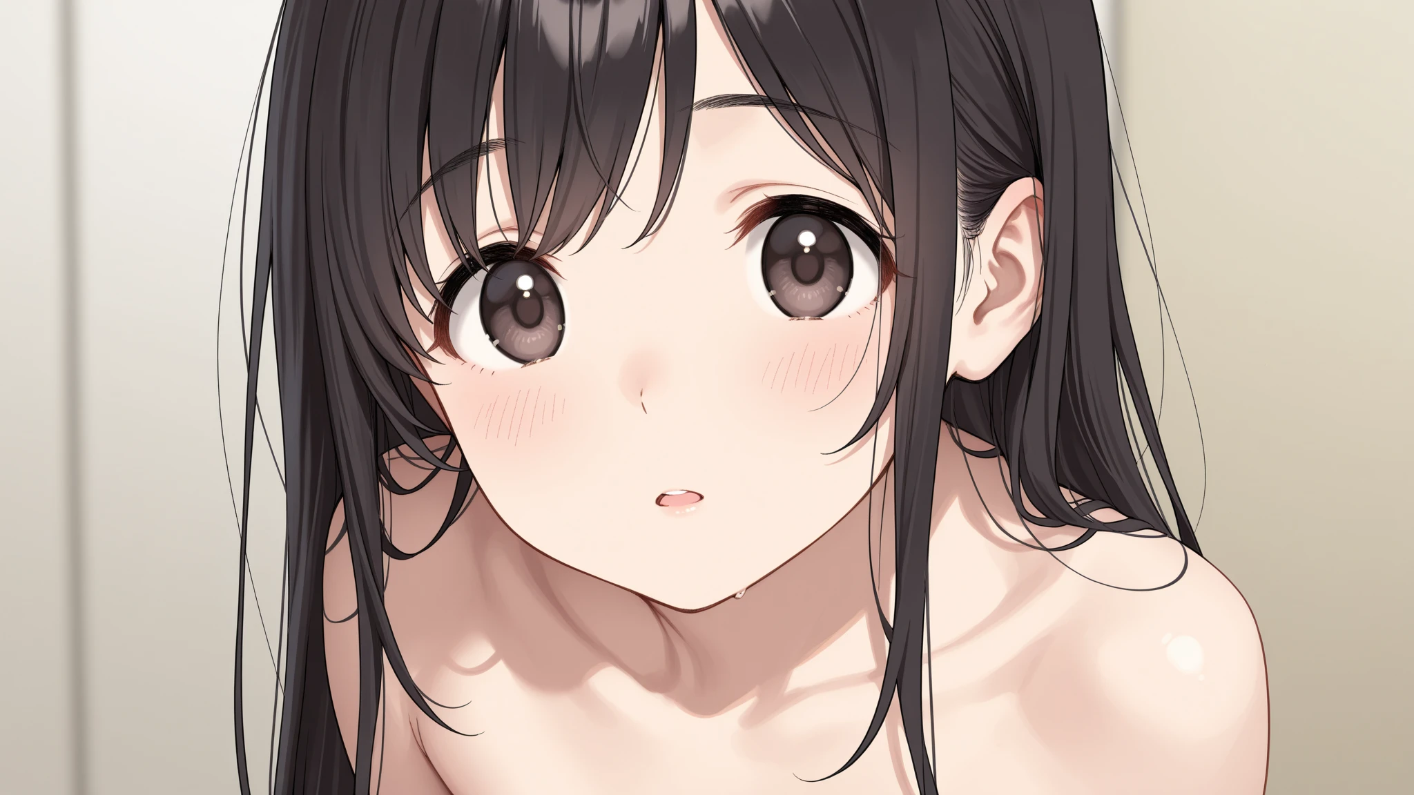 ((masterpiece,best quality)),high resolution, ultra detailed,8k,16k, detailed background, perfect lighting,detailed beautiful eyes,1girl,solo,nsfw,embarrassed,blush,look at viewer,steam,sweat,cowboy shot,pussy,nipple,fisheye lens,nude,from above,wavy mouth,(slender,kawaii,tiny),(saten_ruiko,black eyes,kawaii,black hair,long hair,small breast,highlight in eyes),furure city,(thin pubic hair)