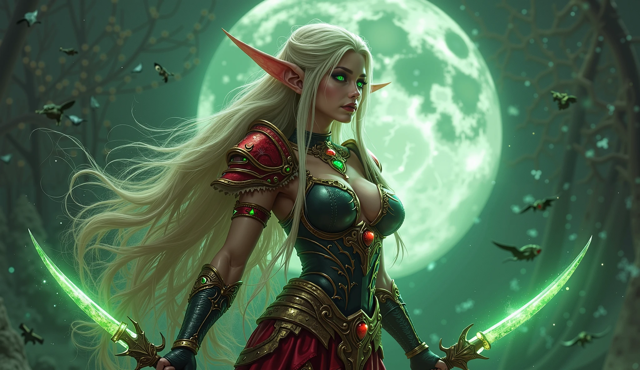 Tema del juego World of Warcraft,fullmoon,extremeley curvaceous buxom bimbo vixen female elf,very bright green glowing eyes, Imagen de una female elf Sylvanas Windrunner,Alfonso Azpiri styles,intense flirty stare,side view ,elfa guapa y hermosa edad 32 de cabello Rubio de pie sosteniendo dos Dagas Jambiya Violetas Cortas brillantes favoritas una en cada mano ,blood elf Assassin Wow, wide hips, narrow waist, gigantic humungus breasts,extremely curvaceous, Long elf ears, long eye brows,((((Very Bright glowing Red eyes))), dark Purple Light female Assassin Armor with emeralds , Skull Pauldrons, dark purple skull Pauldron with emeralds, purple Chestpiece, purple and black Gauntlets, Black tabard, tonos dramáticos.