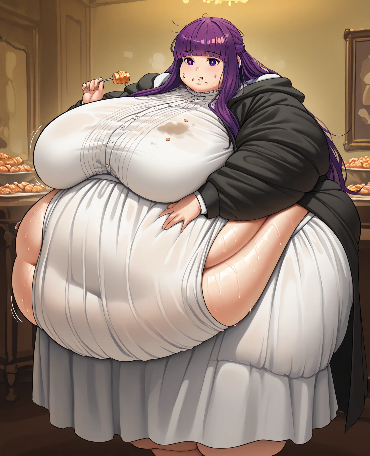 pregnant woman, older, in their 30s, with short purple hair and a tall, curvy body, vista sideways, sideways, breasts big, (work of art, best qualityer:1.2) wearing the legendary great black dress of the mystical sorceress, Big witch hat, breasts big gestante, clothes covering the whole body, detailed mysterious look 