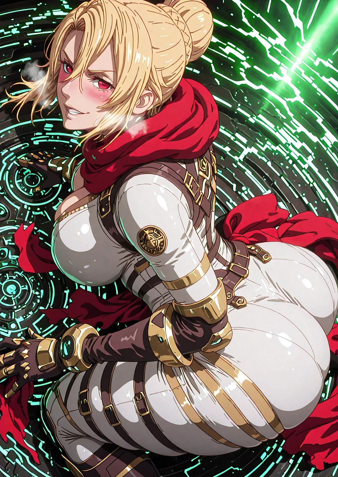 , ((anatomical correct)), ((Cinematic, unreal engine, eye-catching, ambient occlusion, UHD, masterpiece)), ((perfect lighting)), perfect body, perfect eyes, perfect fingers, gasping, heavy breathing, gasping profusely, ((skindentation)), ((curvy)), sysdeep_angelica, blond hair, red eyes, short hair, hair bun, hair between eyes, large breasts, (voluptuous:1.5), (mature female:1.5), 1girl, solo, breasts, ass, evil smile, looking_at_viewer, bodysuit, white_bodysuit, looking_back, all_fours, blush, skin_tight, hollow eyes, gloves, from_behind,