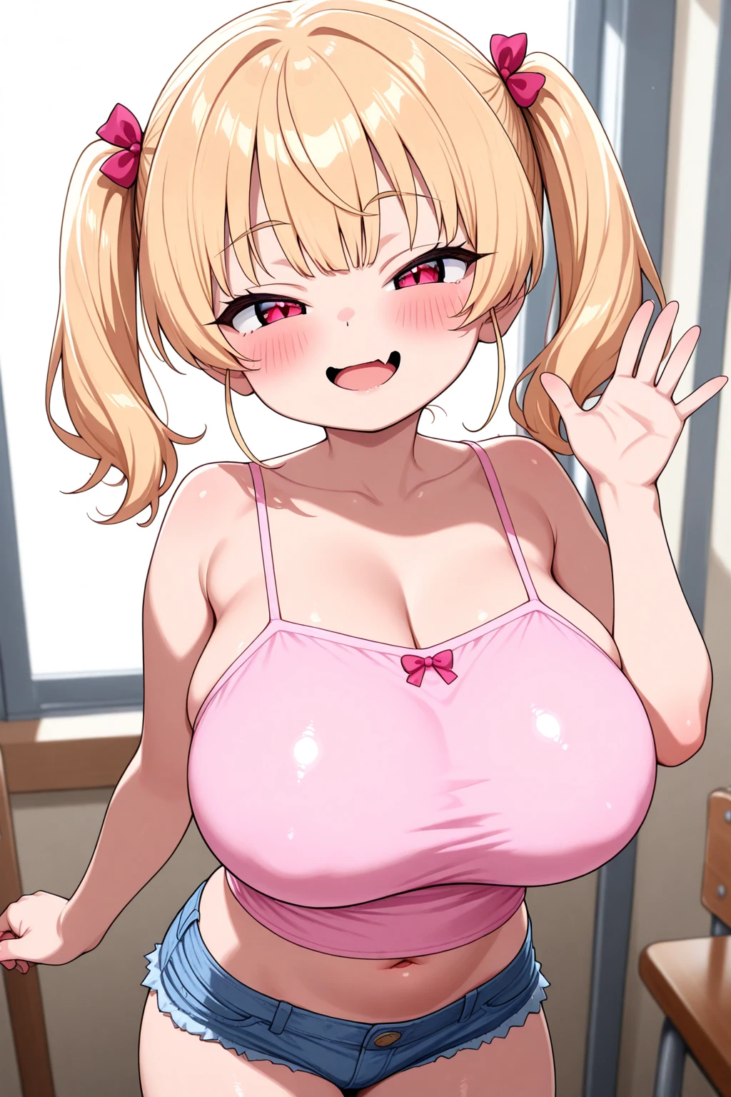 ((((1girl)))), ((anime)), ((sandy blonde hair)), blonde hair ((long hair)), ((((curly hair)))), ((ahoge)), ((pink hibiscus flower in hair)), (((((tan skin))))), (huge breasts) ((yellow eyes)), ((siren eyes)), ((cleavage)), ((thick thighs)), ((thick lips)), ((((wide hips)))), ((thick)), (((curvy))), ((thighhighs)), super detailed, ((dynamic)), ((smirk)), ((dynamic)), ((indoors)), green and pink, pink room, girl room, ((kawaii)) room, ((hearts in the air)), pink hearts, blonde hair, sparkles, host, club scene , ((naked)) ((shocked)) ((sucking dick)) ((hugging someone))