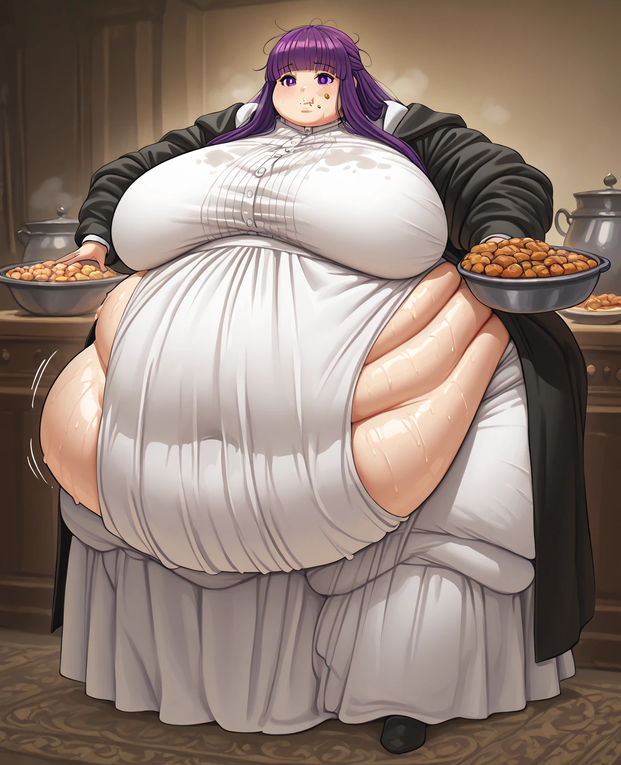 Fern, , fat, large belly, standing, grabbing belly, very fat, large stomach, chubby (best quality, masterpiece), fat belly