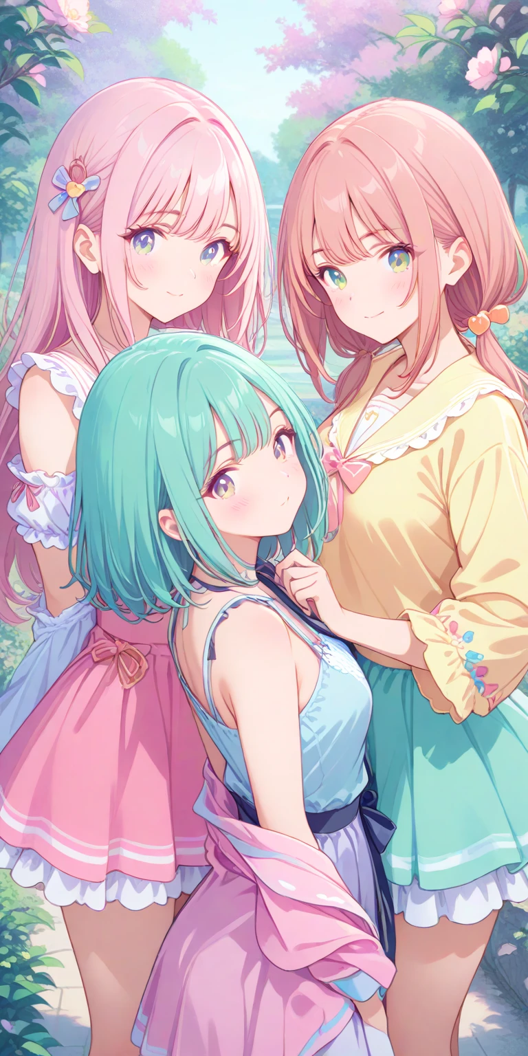 Anime Moe Art Style,Highest quality,High resolution,Anatomically correct,Mid-teens,With her light blue hair in a ponytail,Super detailed,Big Breasts,Shiny skin,Beautiful Skin,A rich expression,Bright smile,Laughing with your mouth open,garden,Playing with children,Sleeveless blouse,flare skirt,necklace,bracelet,hair ornaments,Eyes drawn in detail,8k