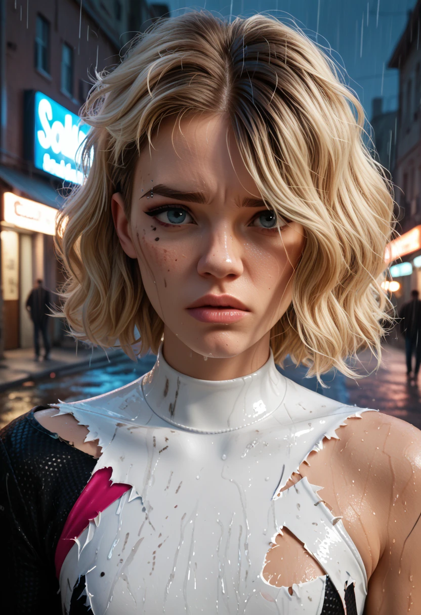An eighteen years old european type girl with medium blond waivy hair with pink hair strands, blue eyes, freckles on her nose, a diastema between the two front teeth, wearing a black, white and pink spandex suit. 