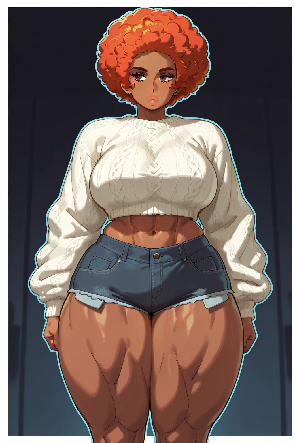 Female original character reference sheet adoptable, pink hair, (short bangs hair:1.36), detailed brown eyes, narrow waist, depth of field, 1girl, (on a   background:1.3), (full body), pose, big breasts, wide hips, athletic figure, ((thigh cutout)), (((dark skin))),