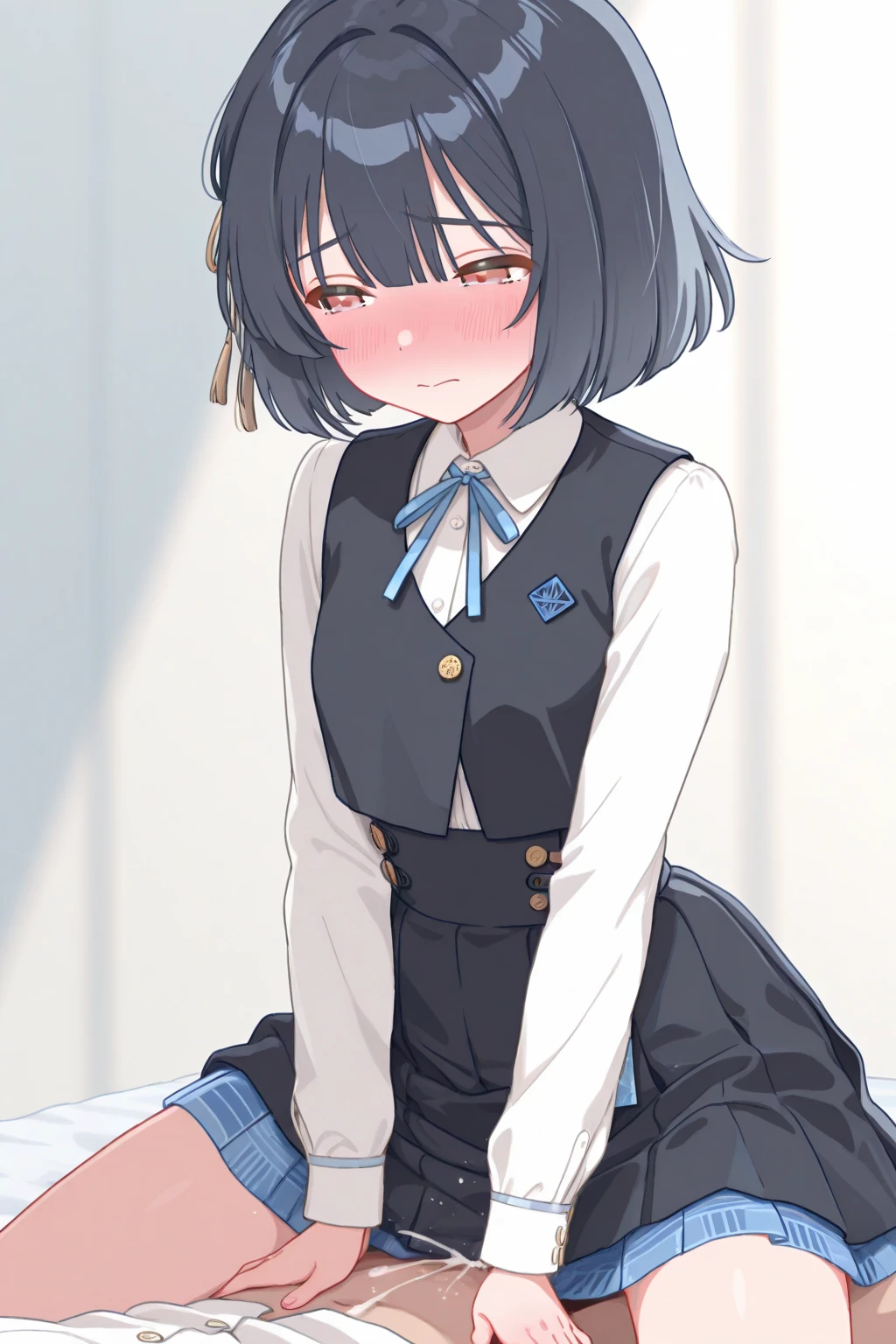 Washstand、Underwear、Ashamed、red blush, ((Very detailed)), (Perfectly detailed face), (Highly detailed hands),a miniskirt,panties that fall down to the thighs,Ronie_Arabel