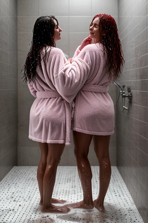 Young lesbians are completely naked in a big shower. Full figure. They are excited. They are passionately making love, with their hands teasing their genitals. Their legs are spread. Realistic portrayal, photo quality, lots of light.