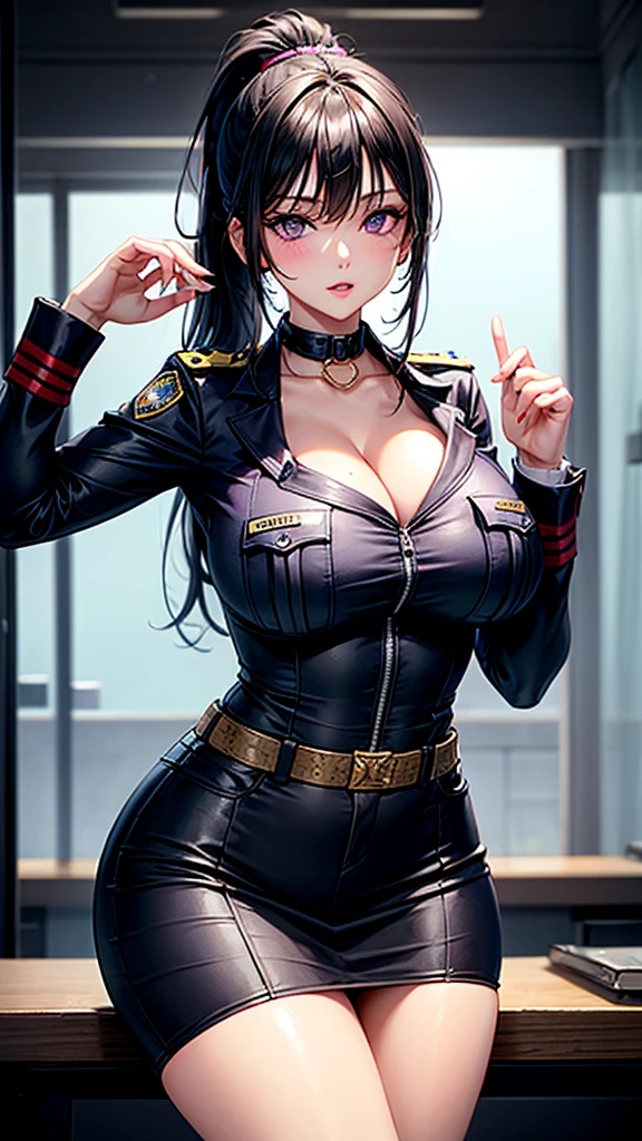 (Anime style artist by Jaehyo Lee:0.5),Rendering,Unreal Engine,octane lundrin,in style of Takeshi Obata,high res image,cowboy shot,masterpiece,best quality,mature female,girl,big breasts,cute face,simple background,jyojifuku,uniforms,white shirt,hat,boots,gloves,epaulettes,skirt,vivid color,solo,ribbon,
slim body shape,exercise regularly,(stockings:1.1),muscle-based,thick_thighs,chest chain,(blush:1.8),a smile full of seduction,(hold down the hat:1.6),(black-framed eyewear:1.4),holding the brim of the hat with his hand,reflected light from glasses,single bun,(head_tilt:1.5),
