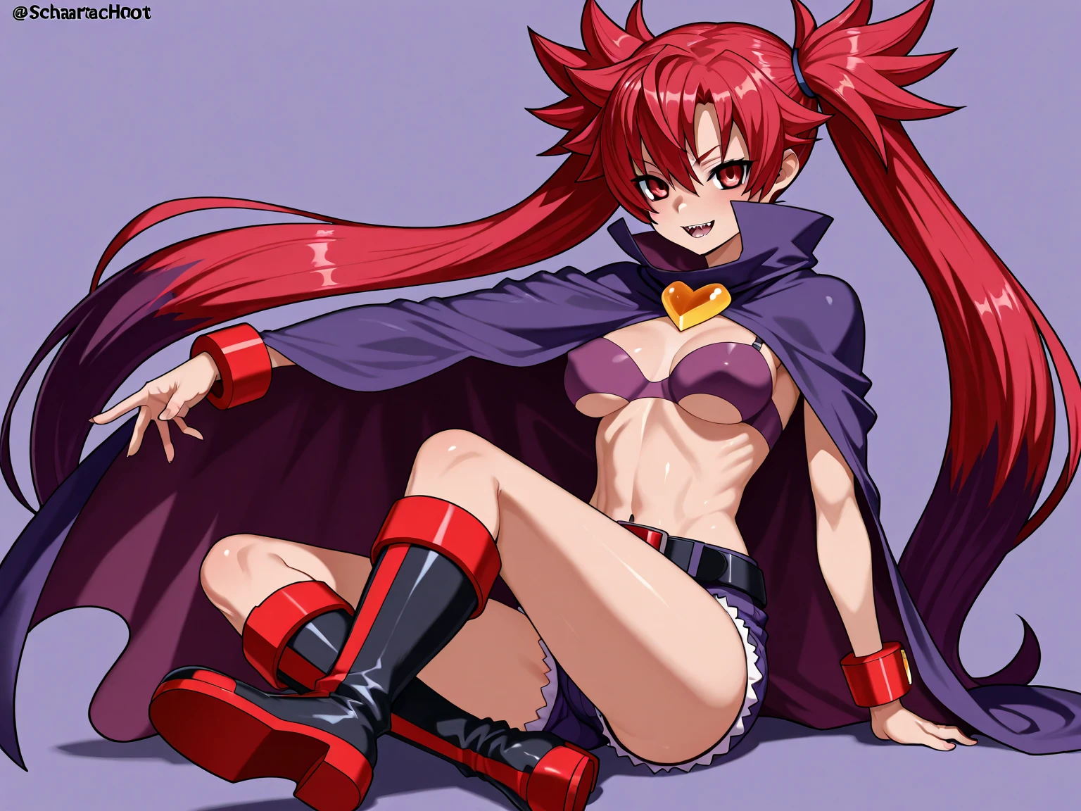 Beastmaster ,red hair spiked hair, ,yellow eyes,pointy ears ,fang,dark skin, tail on buttocks,  solo, cameltoe, ass,
BMattire,  gloves, underboob ,o-ring ,earrings,h air ornament , black bikini under a blue swimsuit, chaps,hairclip,fingerless gloves,
(insanely detailed, beautiful detailed face, masterpiece, best quality)   <lora:BeastMaster:0.7>