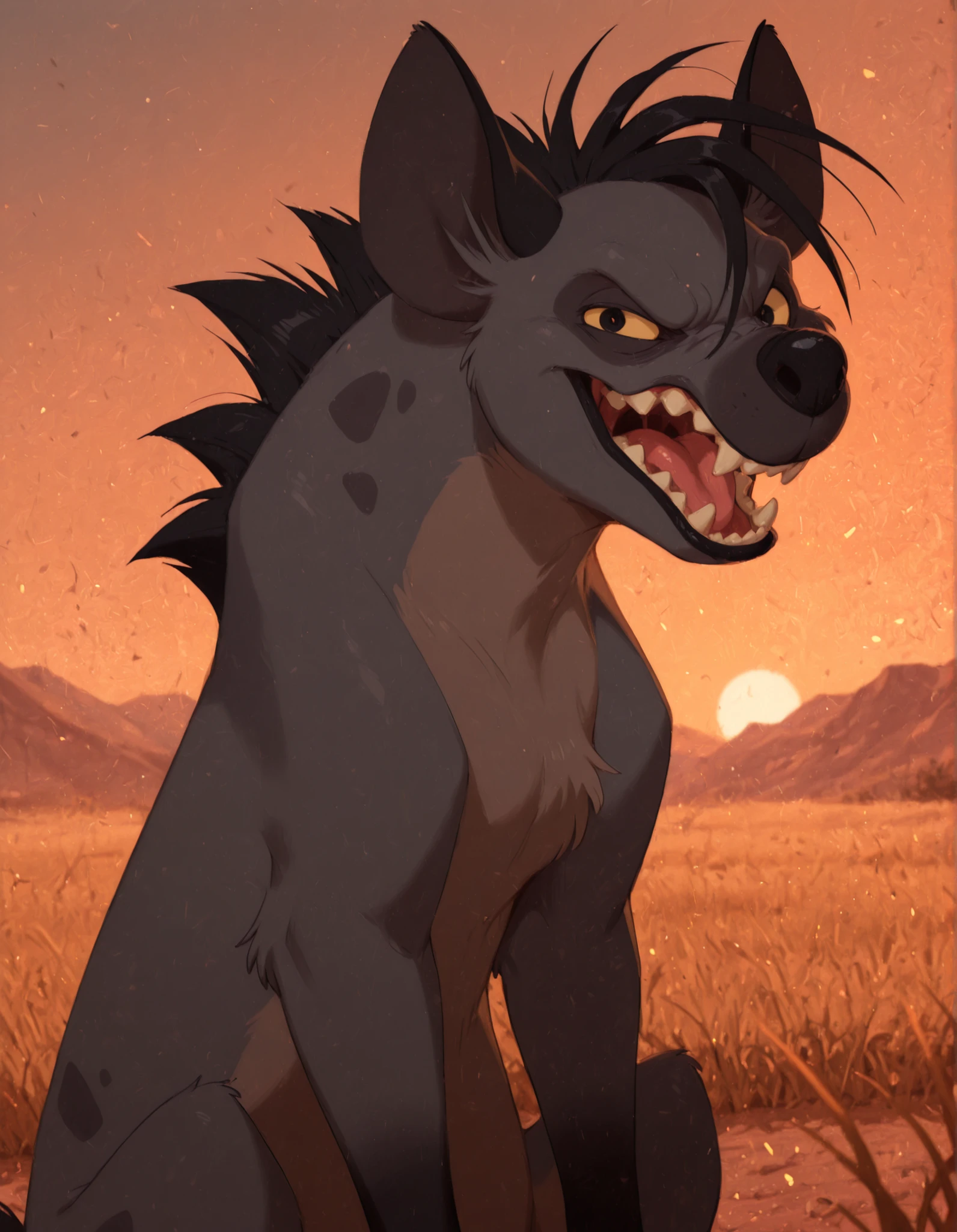 masterpiece, best quality, very aesthetic,, solo, masterpiece, best quality, highly detailed, realistic, 1girl, solo, ShenziTLK, furry, feral, hyena ears, black hair, short hair, back mane, dark-grey inner ear fluff, yellow sclera, black eyes, black nose, dark-grey body, dark-grey fur, dark-brown body, dark-brown fur, two tone body, two tone fur, dark-grey spots, short tail, black tail, smile, open mouth, tongue, sharp teeth, grin, (looking at viewer, sitting, africa, sunset, grass, front view, detailed background, upper body, narrowed eyes, 3 fingers, paws, hand on own chest, angry