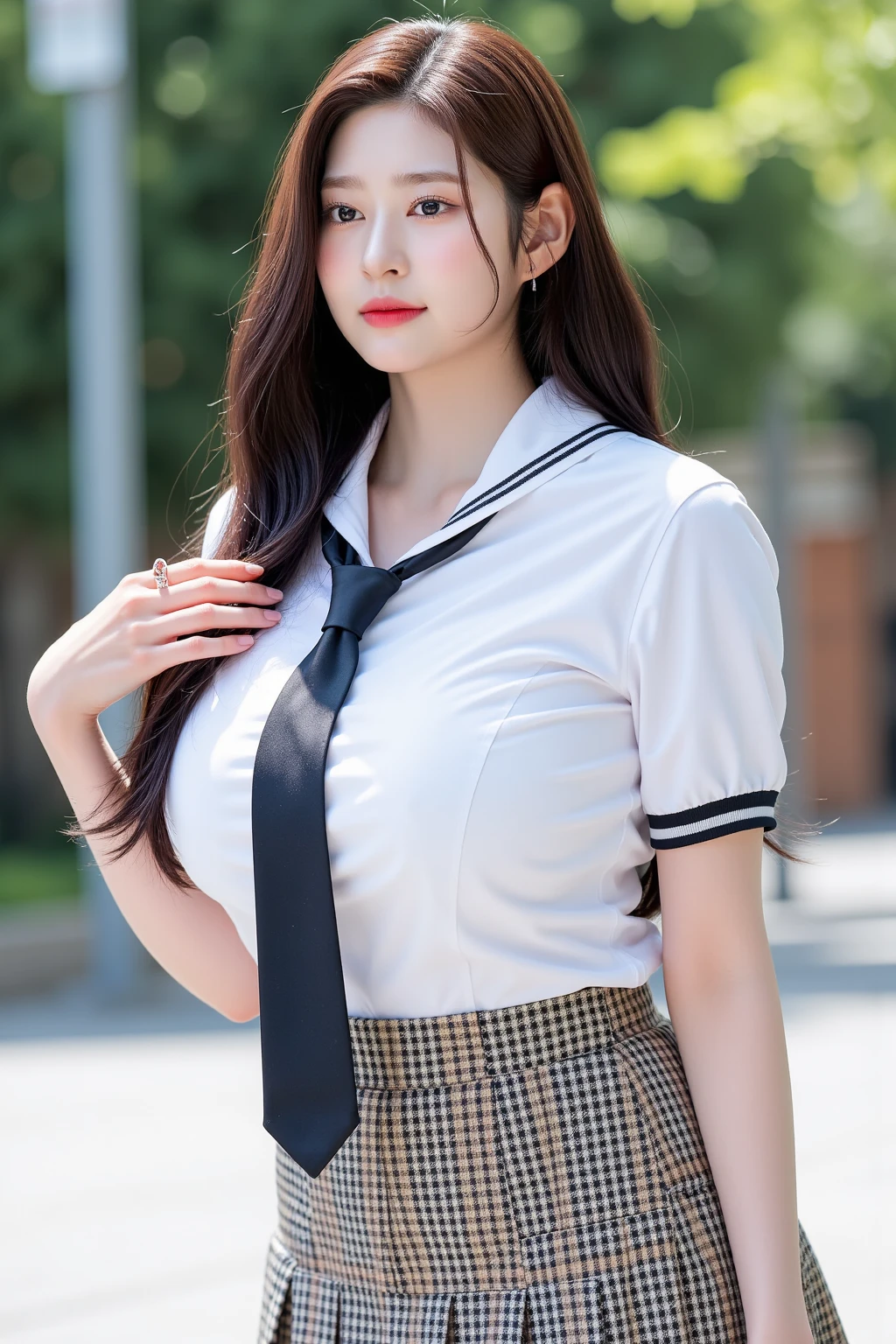 Gray eyes, Korean school uniform, Summer shirts, Ribbon Tie, skirt, Bright Blonde, going down chest thrust posture, Breast exaggeration pose, 8K Original Photo, high resolution, 16 year old Korean guy is so handsome, Rounded and plump breasts, Beautiful eye details, Long eyelashes, Beautiful double eyelids, Eyeshadow, Eyeliner, Slender eyes, Elongate the eye shape, Three white eyes, Evil smile, Expression, Very beautiful slender legs, Beautiful and slender thighs, Random hit, hair tied behind the head, earrings,Random Places,Random direction photos,Random costumes