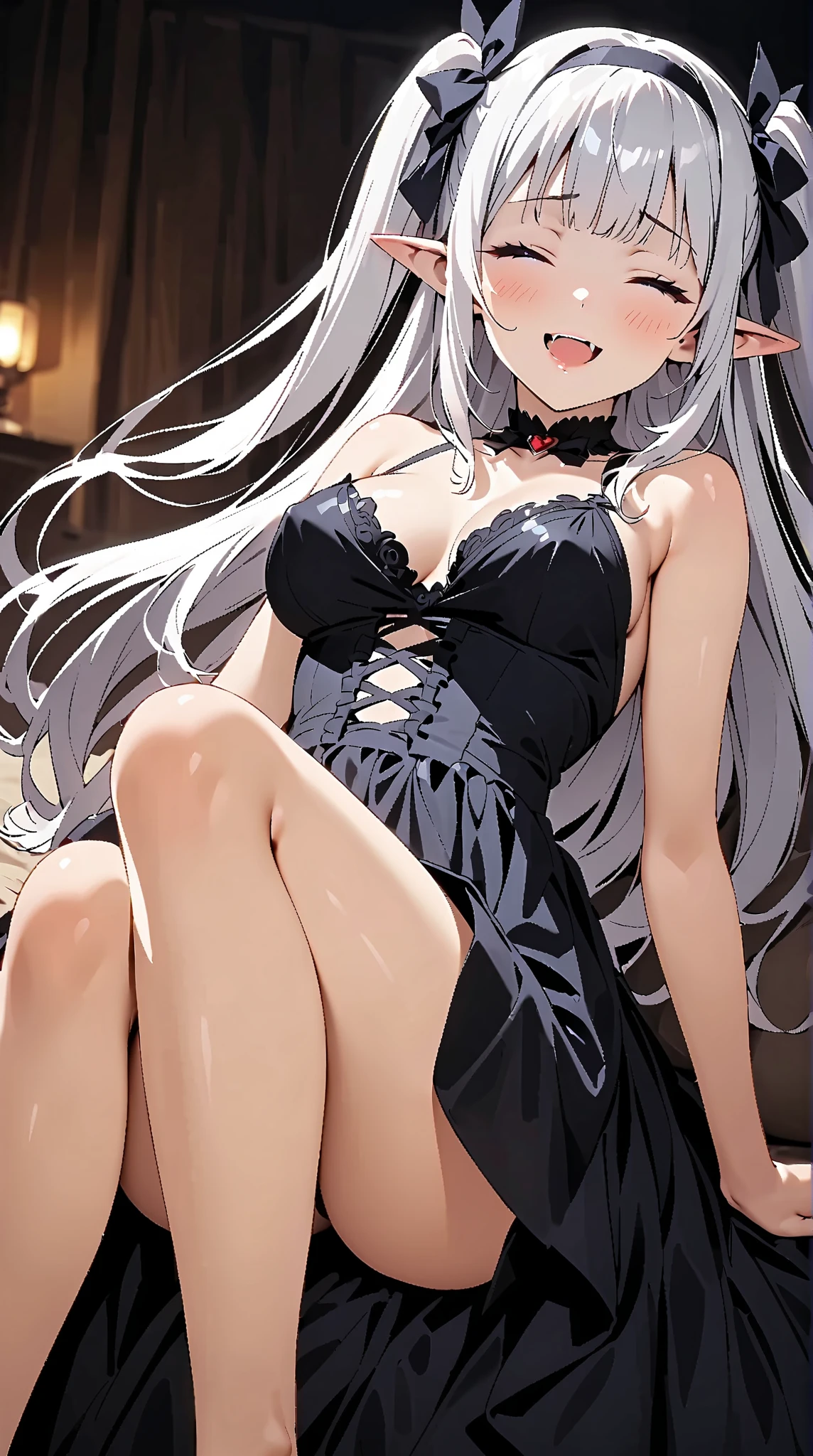 ,NSFW,bottomless,(((Pissing))),masterpiece、Super detailed、big breasts、adult woman、small eyes、close your eyes、long gray hair, high ponytail, pink eyes, bat wings, black dress,various poses、pussy,anal,pubic hair,small areola,pubic hair、yellow liquid、dissatisfied look, masterpiece, high quality and beautiful,, pretty girl, very detailed and delicate,very detailed and beautiful,美しい and clear background、highest quality、Raw photo、(Photoreal:1.1)、very detailed、Mountain、Lake with nice view、Mr.々Angle of angle