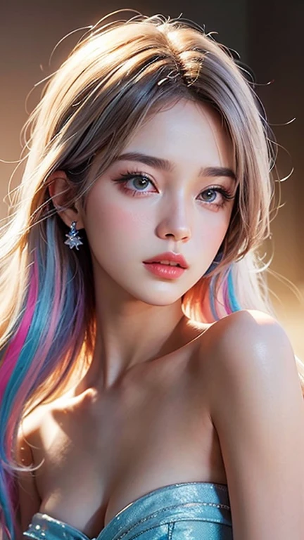 1 Girl, Beautiful, Baby Face, 20 Years Old, White Skin, Huge Chests, Colossal Breasts, Pose, Cleavage, (Kebaya), Indonesian Kebaya, Brown Retina, White Eye, Muscles:1.3, Outdoor, Bokeh:1.1, Drill Hair, Tied Hair, ((Gradient Coloured Hair))
