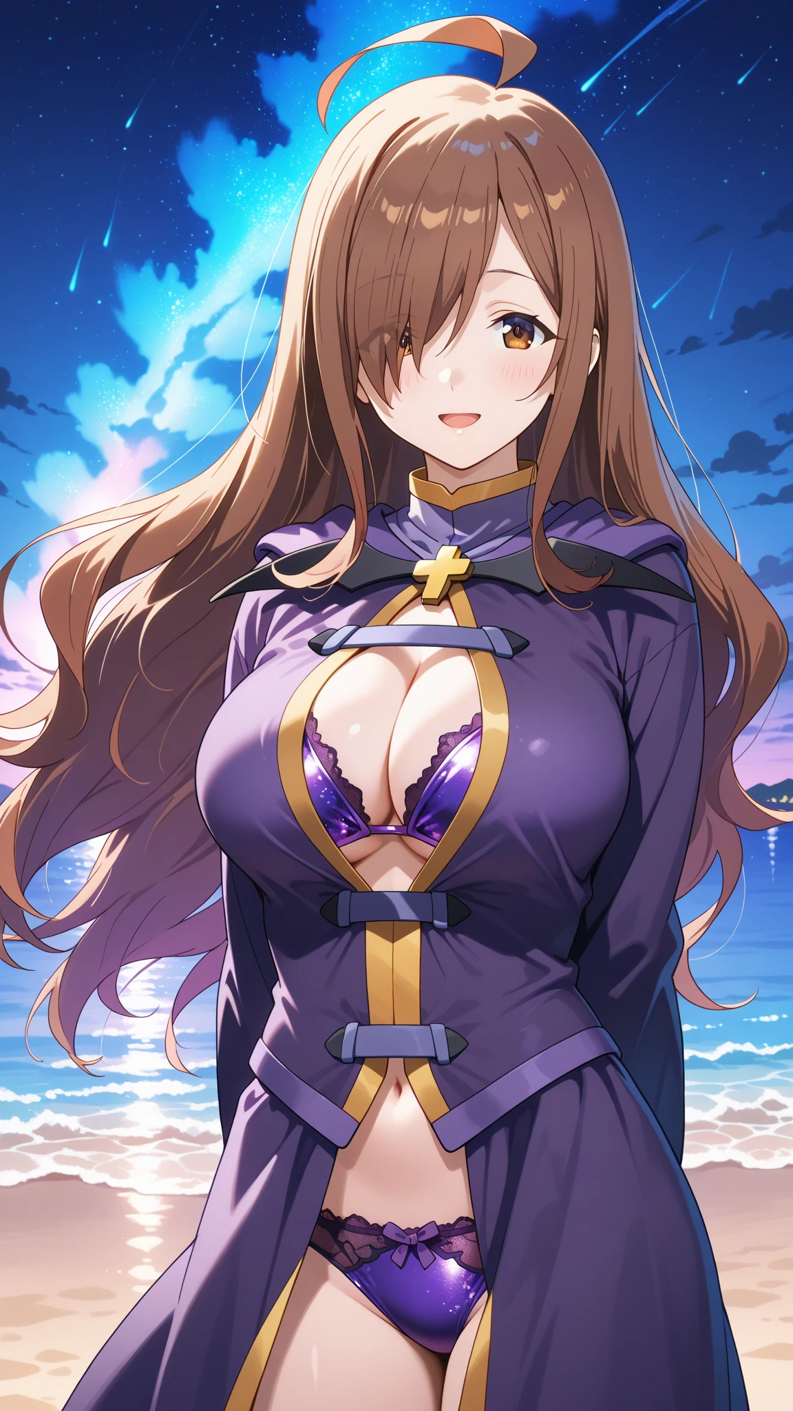 a purple background with stars and lights,
Standing at attention,diffraction_spikes, glint,sparkle,
purple outfit,demon headdress,demon tail,bare_shoulders,fur_trim,veil,armpits,crown,
<lora:WIZ_KonosubaFD-KK77-V1:0.7>,jewelry,earrings,gloves,
red_hair,brown_eyes,hair_over_one_eye,
1 girl, 20yo,mature female,Beautiful Finger,Beautiful long legs,Beautiful body,Beautiful Nose,Beautiful character design, perfect eyes, perfect face,
looking at viewer, (big_eyes:1.0),(expressionless:1.3),
NSFW,official art,extremely detailed CG unity 8k wallpaper, perfect lighting,Colorful, Bright_Front_face_Lighting,
(masterpiece:1.0),(best_quality:1.0), ultra high res,4K,ultra-detailed,
photography, 8K, HDR, highres, absurdres:1.2, Kodak portra 400, film grain, blurry background, bokeh:1.2, lens flare, (vibrant_color:1.2)
(Beautiful,large_Breasts:1.4), (beautiful_face:1.5),(narrow_waist),