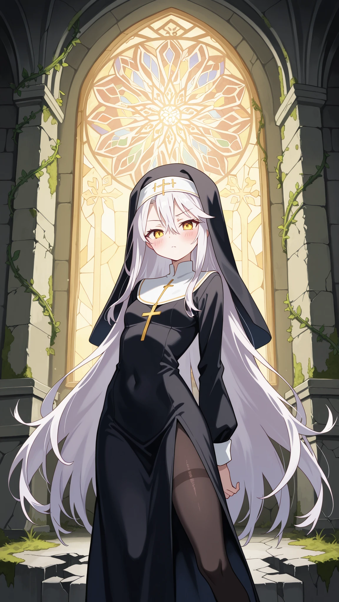 BREAK (masterpiece:1.2), best quality, high resolution, unity 8k wallpaper, (illustration:0.8), (beautiful detailed eyes:1.6),vabandoned church interior overtaken by nature, no humans, moss-covered wooden pews, vines growing through cracked stone walls, shattered stained glass scattering colored light, ancient altar in decay, quiet forgotten ruin, nature reclaiming sacred space,blush, seductive expression,floating hair,shiro, long hair, hair between eyes, very long hair, white hair, messy hair, yellow eyes,nun uniform,black stockings,cleavege,сowboy shot,looking at viewer,serious face,seductive pose,standing in middle,arched back