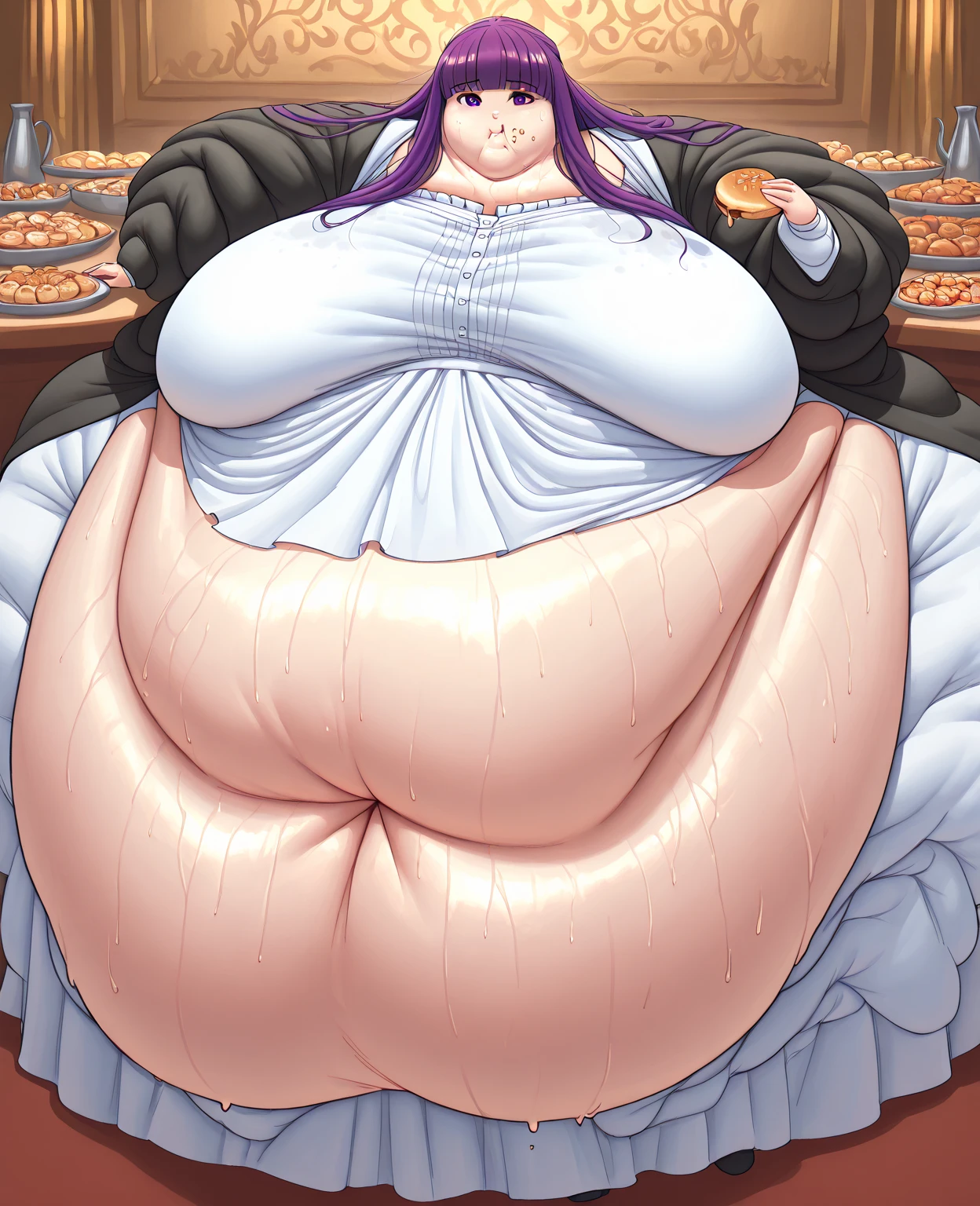 anime girl standing over a bed, in gothic bedroom, she is looking at you, horny expression, very long purple hair, sexy milf, older milf, massive ssbbw, extremely wide hips, massive ass, massive breasts, massive hips, massive belly, sexy feet, wearing frilly nightgown, wet hair, sweaty skin, rear view, side view, anime style, 1cucumber, large cucumber deep in mouth, massive cucumber stretching mouth: 3.0. Mouth stretched wide: 3.0, cheeks bulging, lipstick, lips wrapped around cucumber, eyes open wide, drool pouring from mouth(7.0), blushing, looking directly at you, body facing you, hands holding cucumber, cucumber between breasts