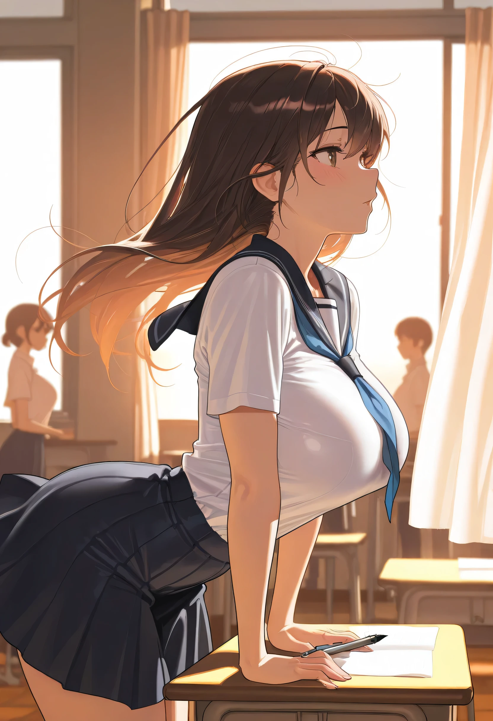 NSFW, A girl gets on all fours in front of a man'asterpiece, Best Quality, photographrealistic:1.4), (Shiny skin), (nffsw, 8K Wallpaper, High resolution), perfect anatomia, Cinematic lighting, Physically-based rendering, Award-winning, highlydetailed skin, extra detailed face, Eyes with beautiful details, Carl Zeiss 85mm F/1.4, (((1girl in and 1man, a couple, Habinan stands in front of a kneeling woman., Grab her head), Big , Girls looking forward to seeing , (Girl kneeling in front of guy:1.3), (Woman tilting her head up), Girl staring at , (1girl in: とてもかわいいsixteen years oldのアジア人の女の子, (Black semi-long hair, Bangs), medium breasts with cleavage, (View through thigh height), (hi-school girl), (Obedient language), (1girl in: 鼻red blushといたずら, eyelid, In the classroom in the middle of the night, (1man: nude, elderly and fat, Hug her head, Stand in front of her, Grab her neck), Shot from diagonally forward,Open your mouth wide、red blush、Ashamed、校服、sixteen years old、()、Open your mouth wide、(she sucks the guy'cock)(彼女は校服を着たhi-school girl)、((A dark-haired))、(Check Pleated Mini Skirt)、back lighting、anime styled