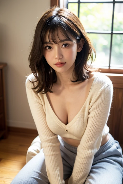 (8K, Raw photo:1.2),Detailed face and eyes,Best Quality, 超A high resolution, Highly detailed ,intricate detailes ,masutepiece ,Cute Girl , Soft cinematic light, Hyper-detailing,Sharp Focus, High quality,a blond, bob cuts, tits out, knit, long  skirt